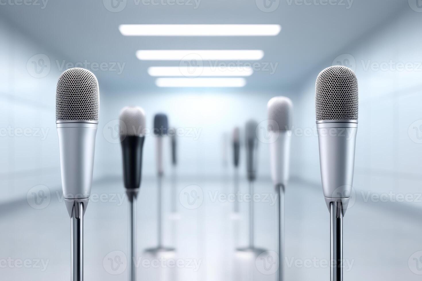 Bright room featuring various microphones arranged along the walls for creative sound events photo