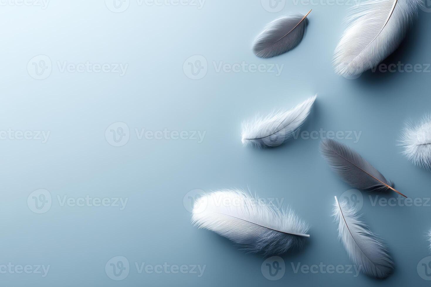 Captivating display of fluffy down feathers on soft blue background with ample copy space photo