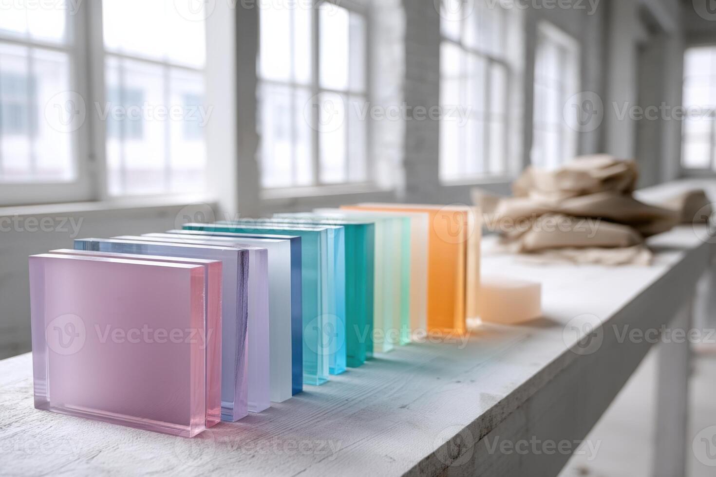 Bright and colorful stacked window panes in a contractor workspace with space for text photo