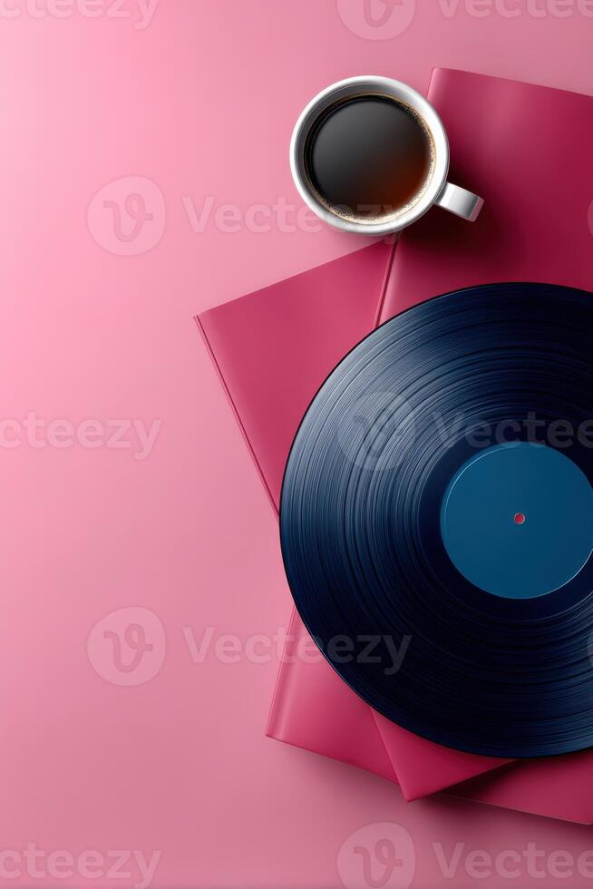 Stylish vinyl record and coffee cup on colorful background with ample space for text photo