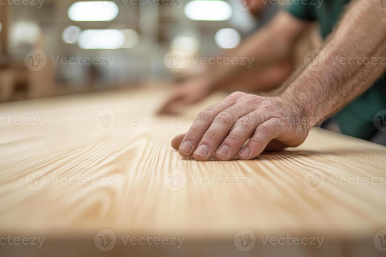 Skilled workers operating a woodworking assembly line in a busy workshop environment photo