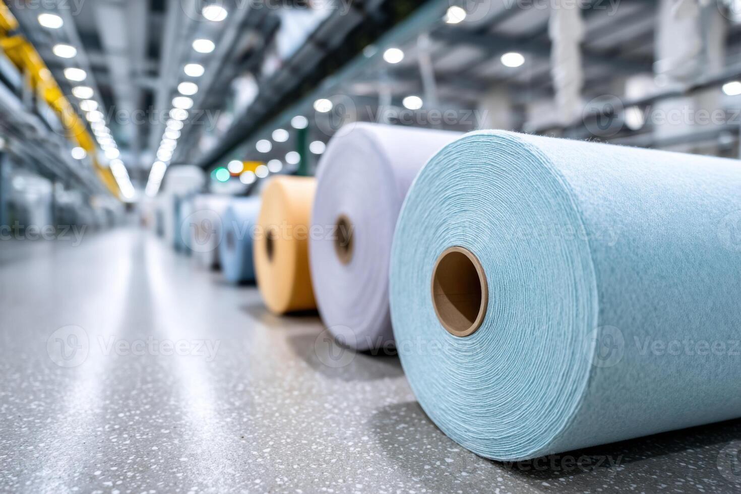 Bright and colorful interior of a fabric fiber manufacturing facility with various textures and materials photo