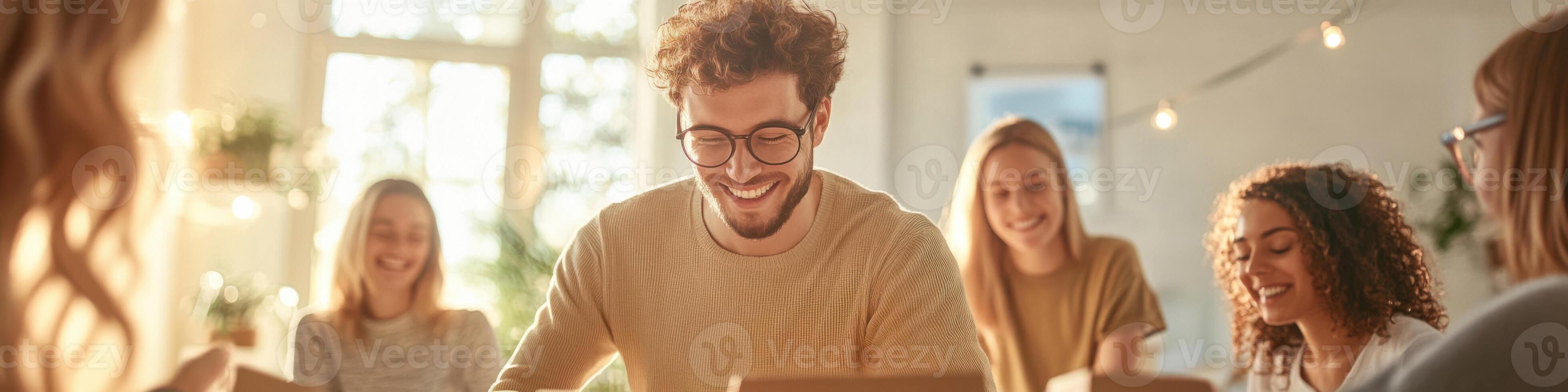 Friends joyfully collaborating during a decluttering session in a bright and cheerful room photo