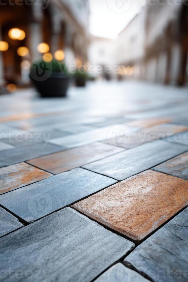 Natural patterned paving stones create a vibrant backdrop in an outdoor space photo