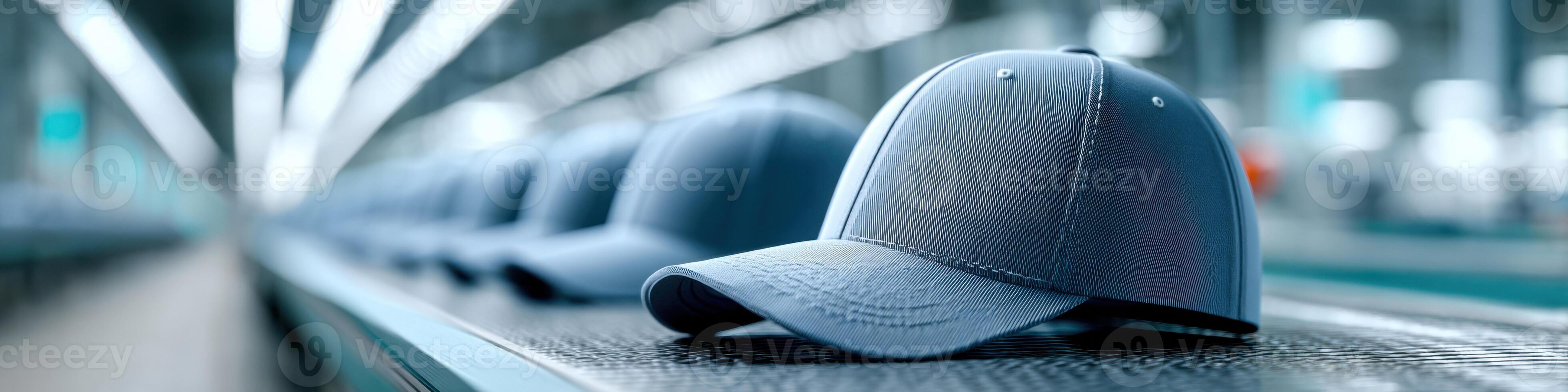 Dynamic production process of baseball caps in a bright factory environment with space for text photo