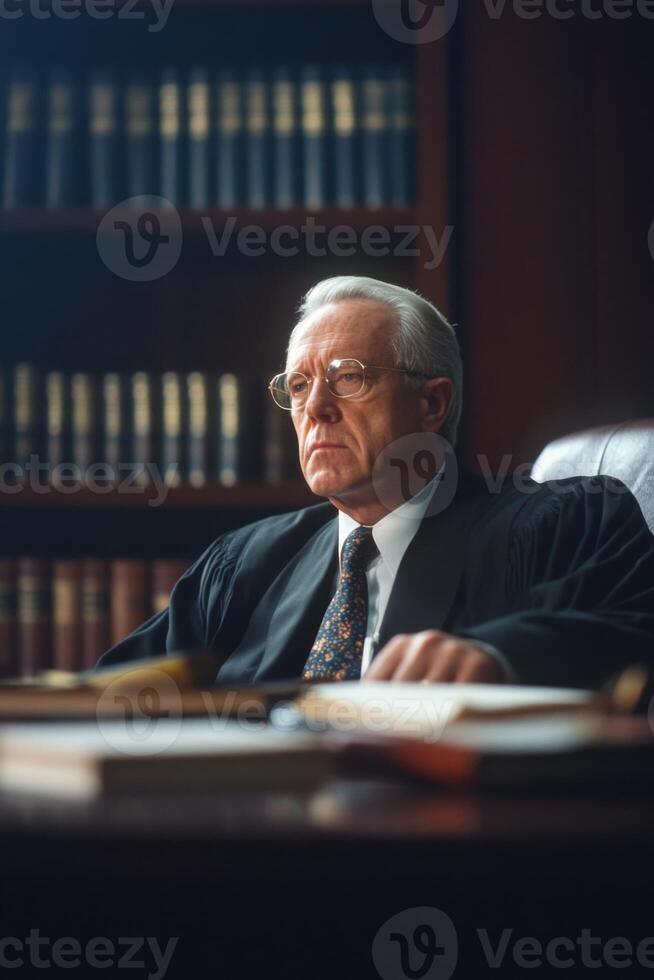 Judge in chambers reflecting on case details surrounded by law books and personal items photo