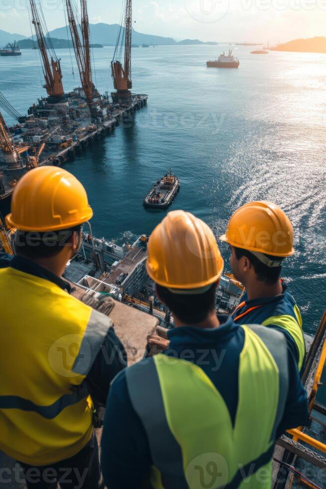 Engineers collaborating on marine projects while overlooking boats and water during sunset photo
