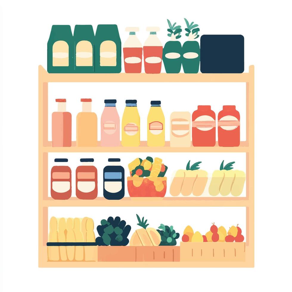 A shelf with various types of food and drinks vector