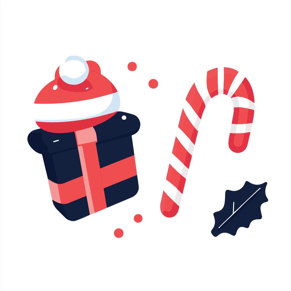 Christmas gift box, candy cane and holly leaves vector