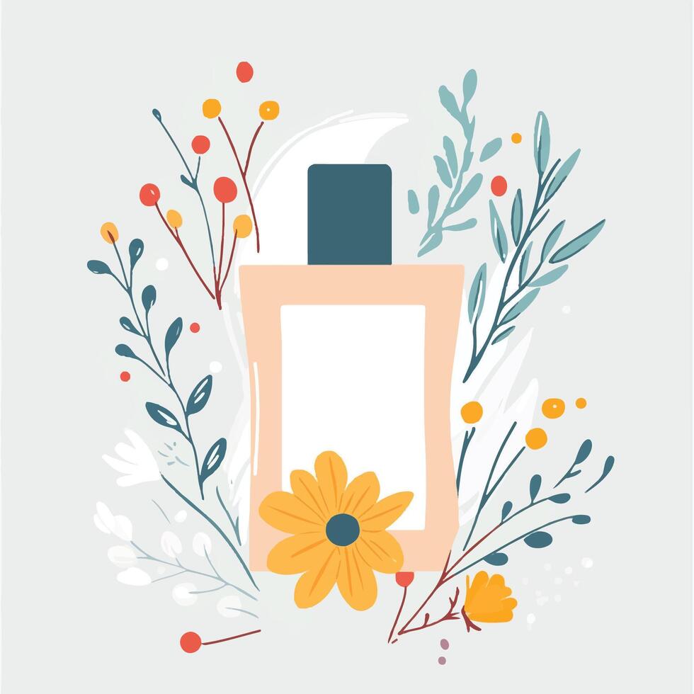 illustration of perfume bottle with flowers and leaves vector