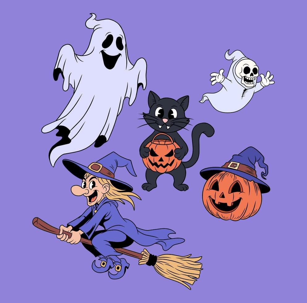 Classic Halloween theme illustration set, consisting of.a witch, a pumpkin mascot, a black cat, a ghost, and a skull. Perfect for Halloween celebration decorative elements. vector