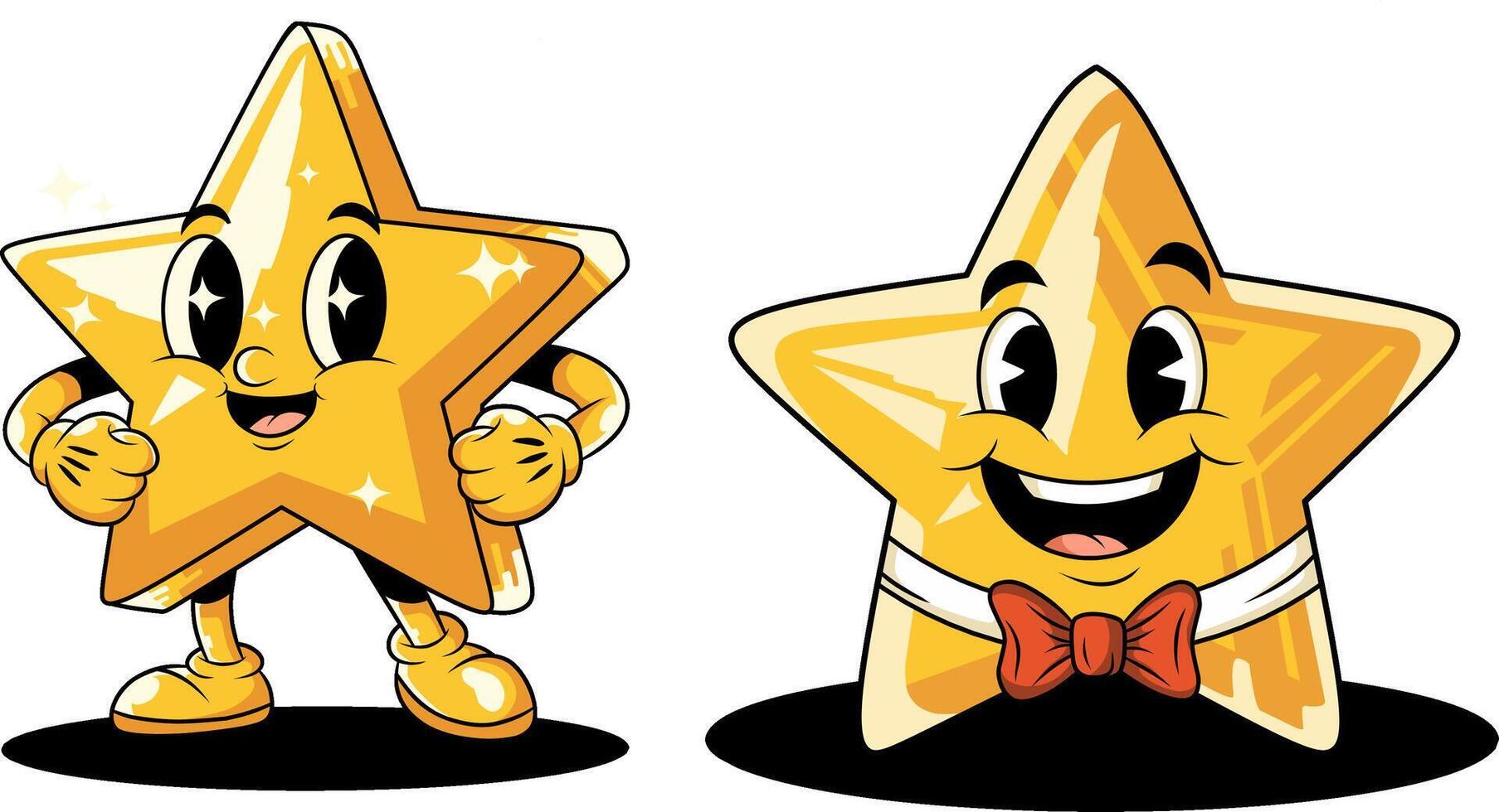Happy golden star mascots. Retro cartoon stars for Memorial Day, patriotism, national pride, and celebratory events. Symbol of honor, remembrance, success. Ideal for US and European designs. vector