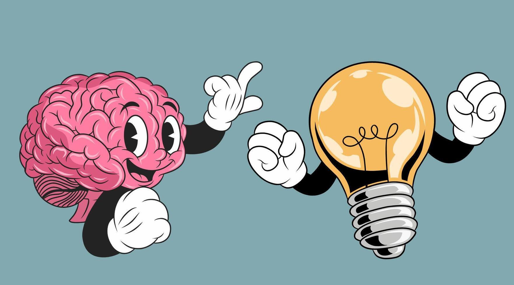 brainstorming illustration.classic cartoon brain mascot and lightbulb. vector