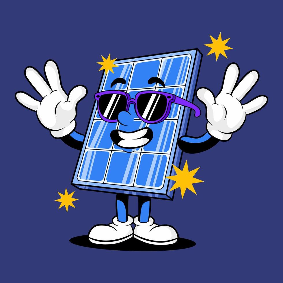 Funky solar panel design, friendly expression, psychedelic retro cartoon style, zero-carbon emission alternative energy. vector