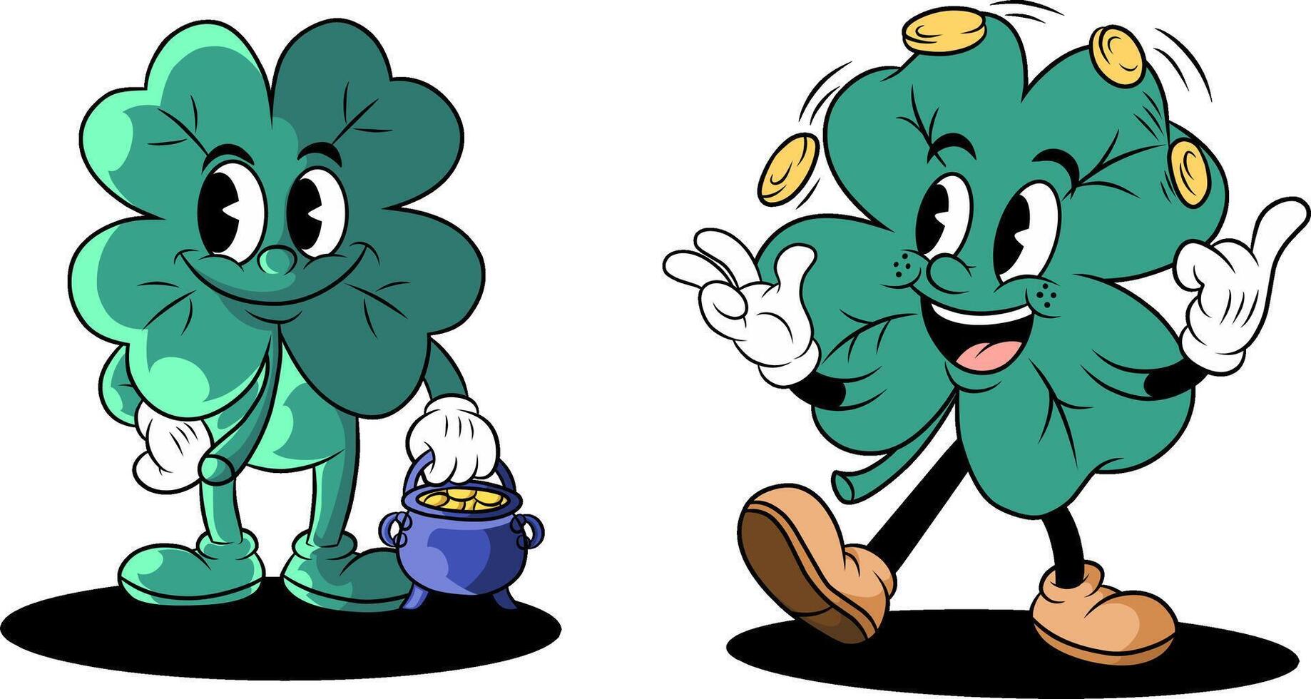 cheerful and cute dual mascot featuring a four-leaf clover, with a theme celebrating St. Patrick's Day. vector