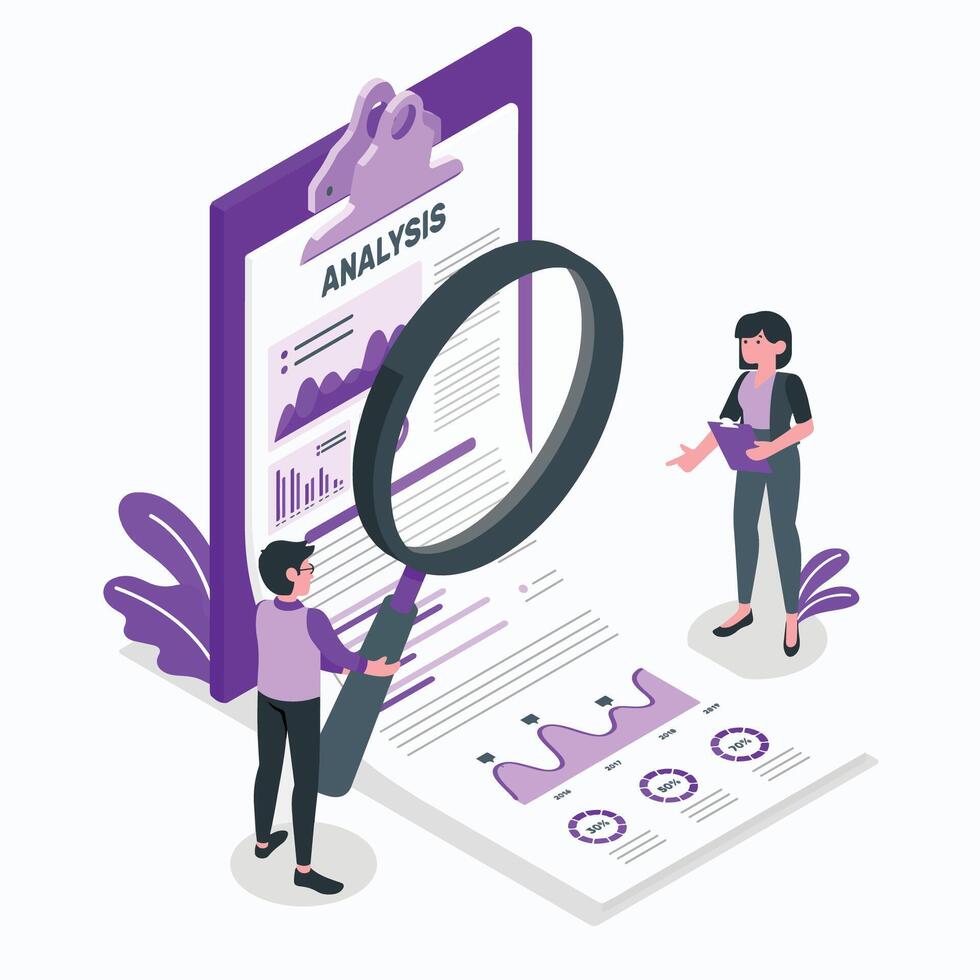 people looking at analytics report on a document vector