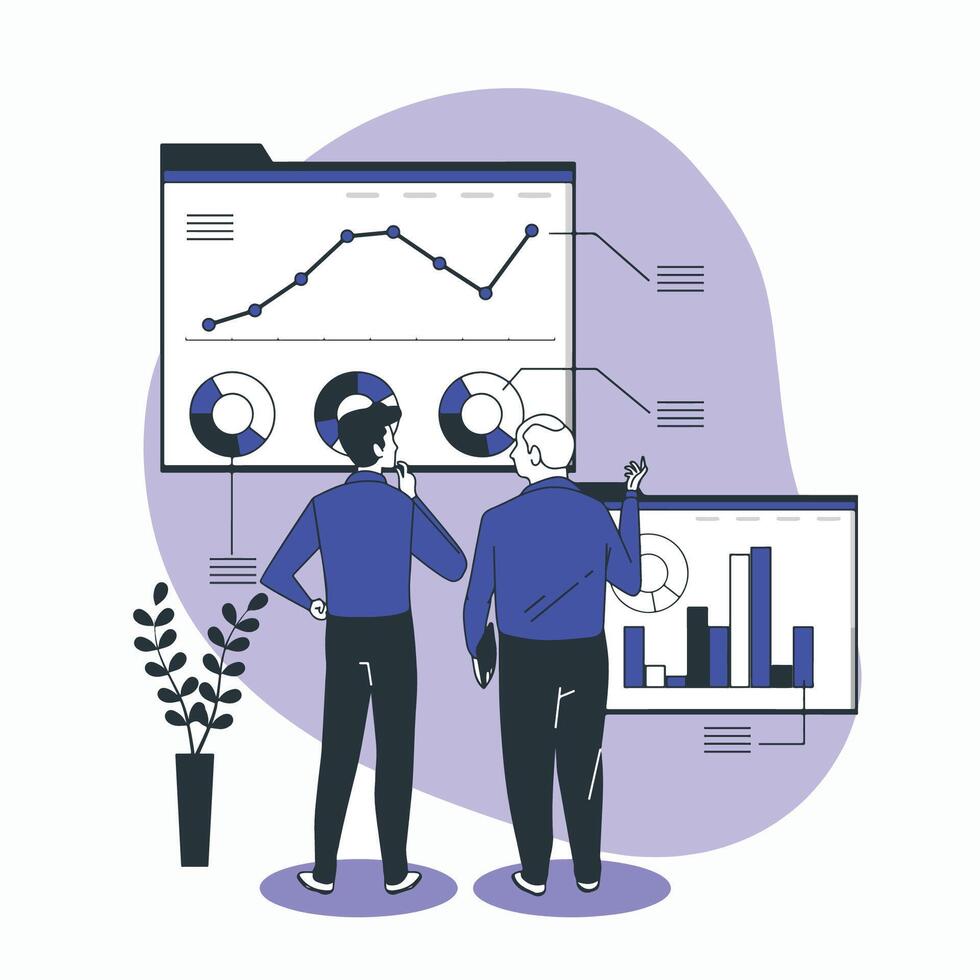 two men are looking at graphs on a board vector