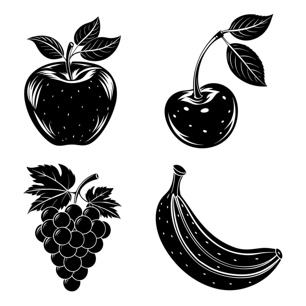 Hand drawn fruit silhouette collection with apple banana cherry and grape in bold line art style vector