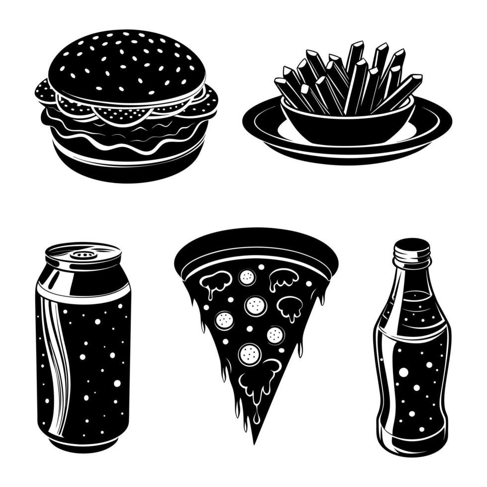 Hand drawn silhouette collection of fast food items with burger fries pizza and soda vector