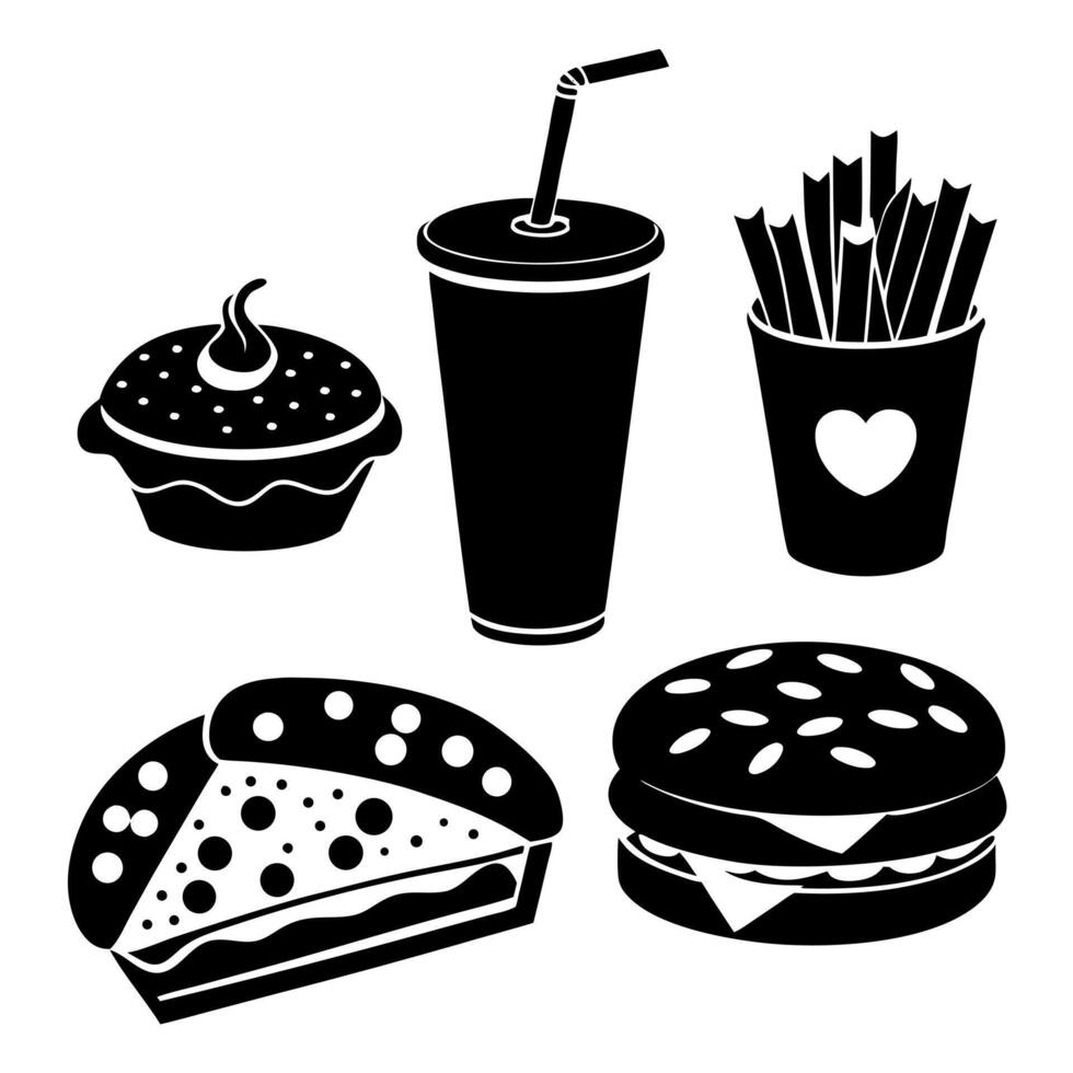 Silhouette Illustration of Fast Food Items Including Burger Pizza and Soda vector