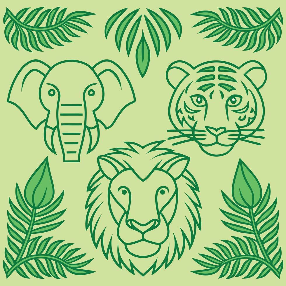 Hand drawn jungle animal face collection with tropical leaves in line style vector