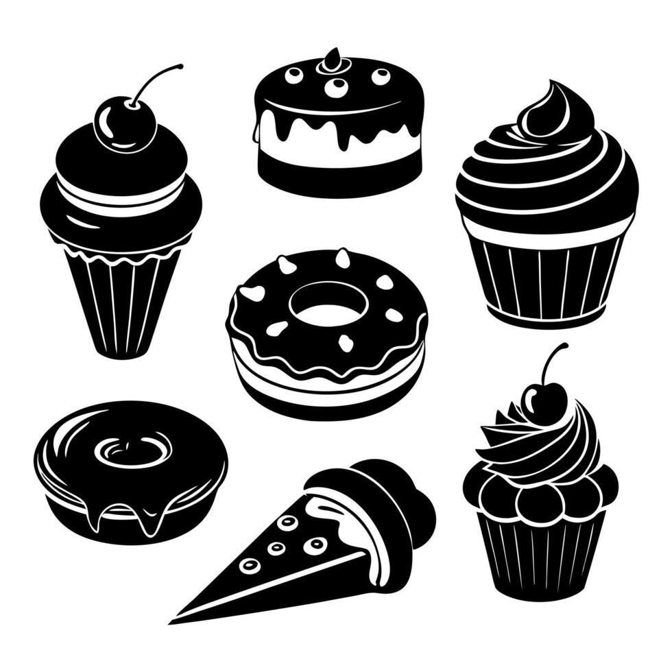 Black and White Dessert Icon Set with Cakes Donuts and Cupcakes vector