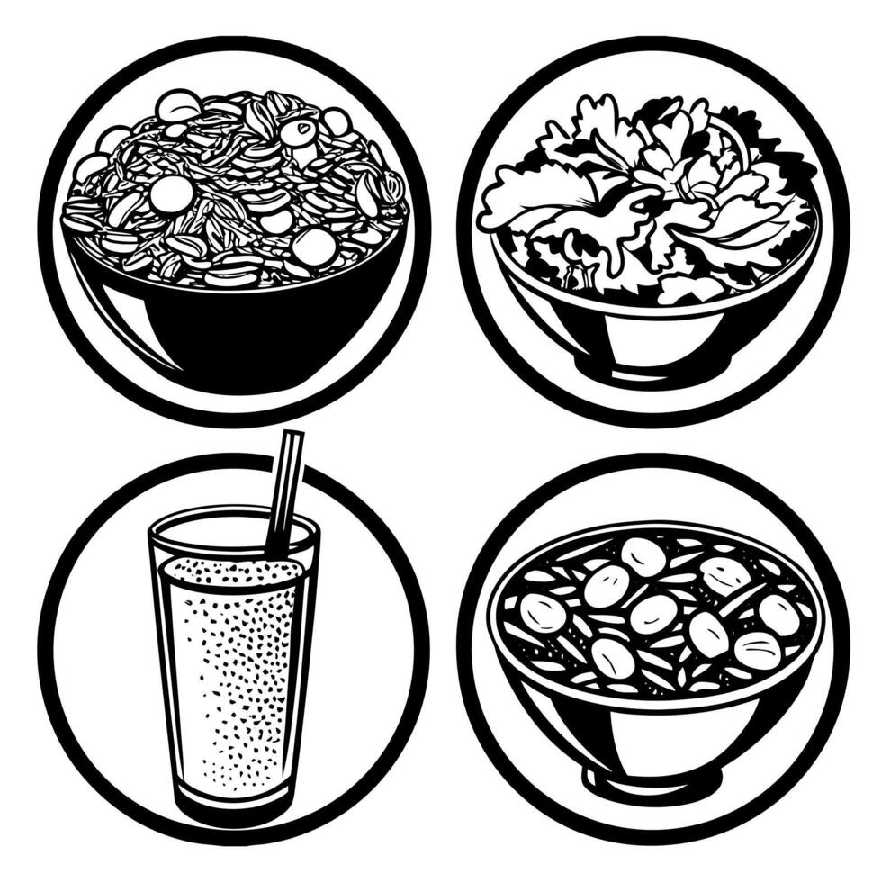 Hand drawn healthy food icons of granola smoothie salad and fruit bowl in black and white art vector