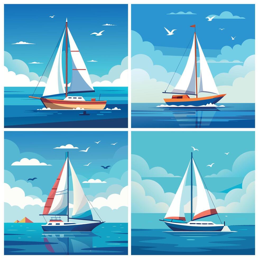 Simple sailing boat illustrations in calm blue sea with soft waves and sky for nature and travel scenes vector