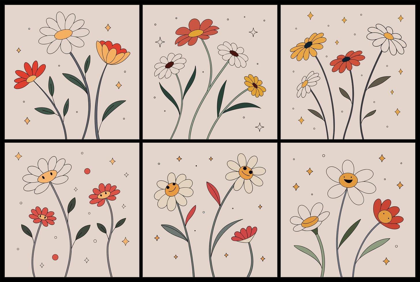 Cartoon floral design with smiling flowers and colorful petals on beige background in playful hand drawn style vector