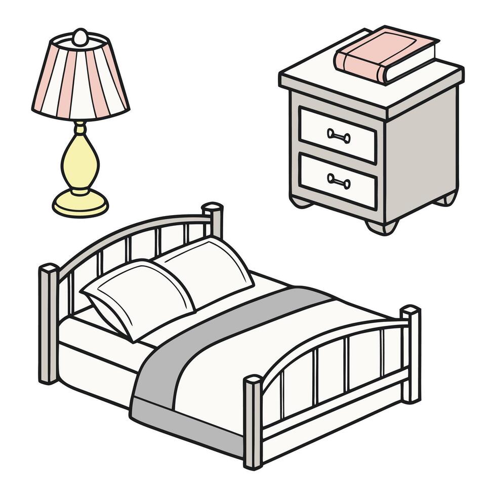 Isometric Bedroom Furniture Set with Lamp Bed and Table vector