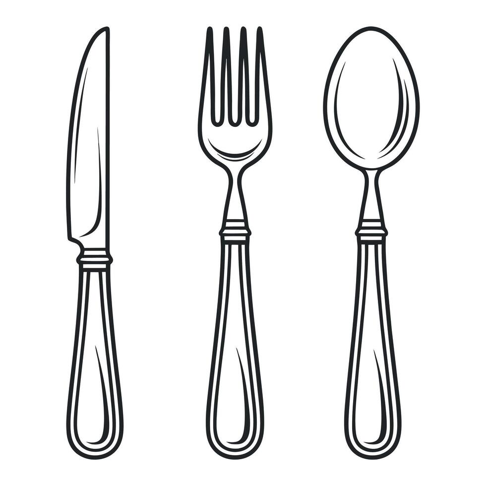 Black and White Line Drawing of Knife Fork and Spoon Set vector