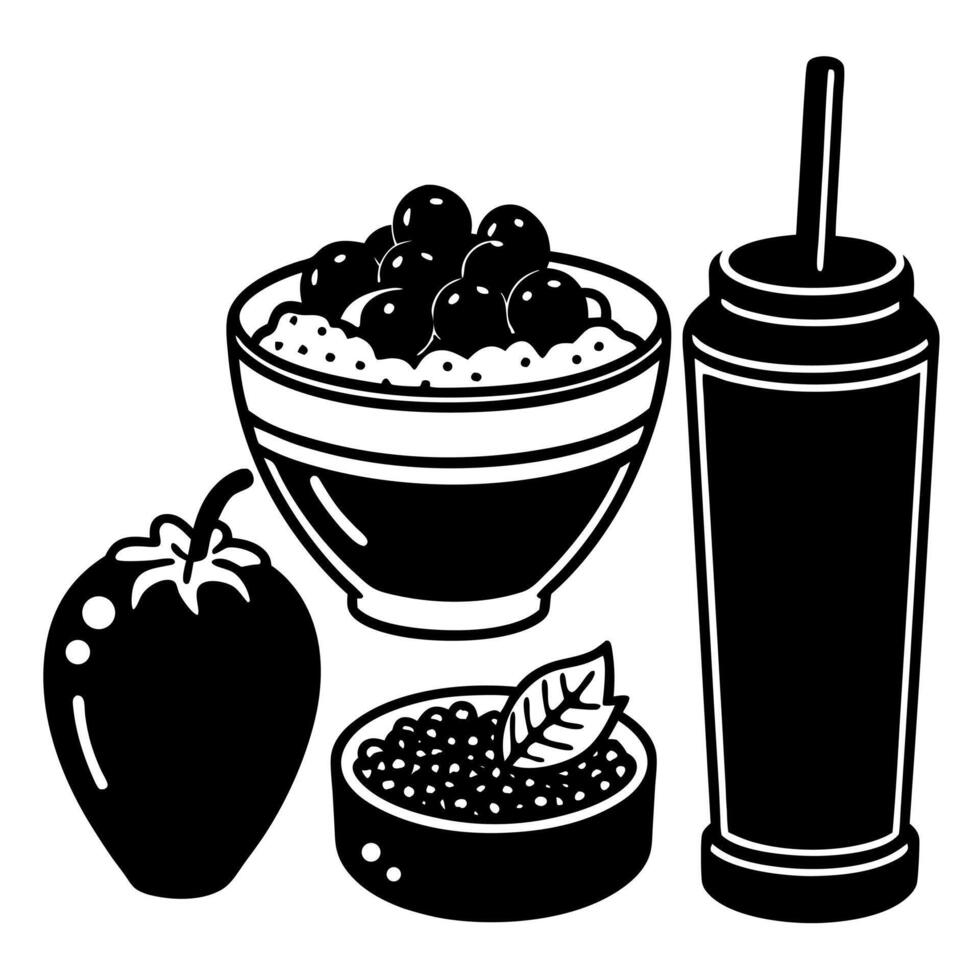 Hand drawn silhouette collection of healthy food items like smoothie bowl and strawberry vector
