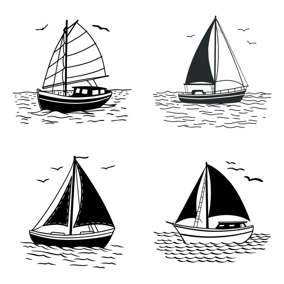Black and white sailing boat with birds and human figure over peaceful sea illustration style vector