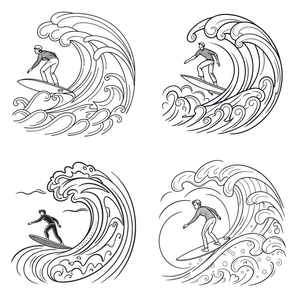 Surfing Illustration Set with Surfers and Ocean Waves in Line Art Style vector