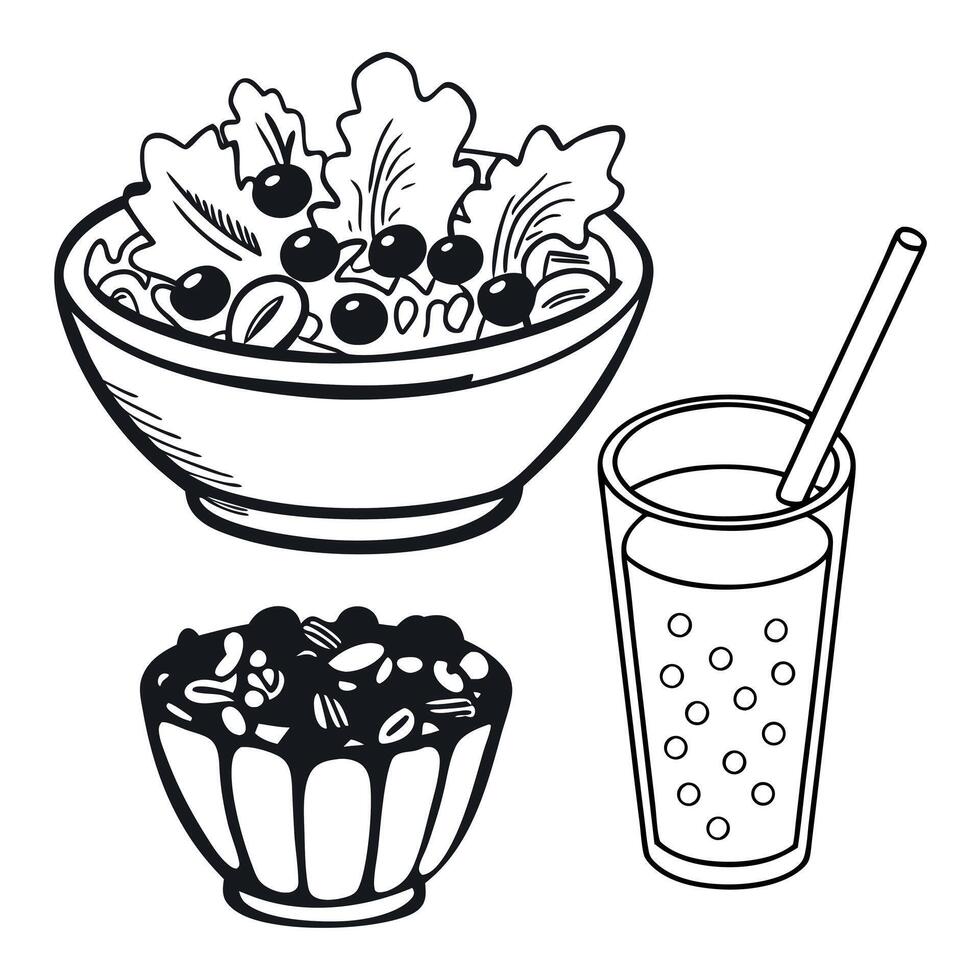 Hand drawn healthy salad smoothie and granola bowl in black and white line art vector