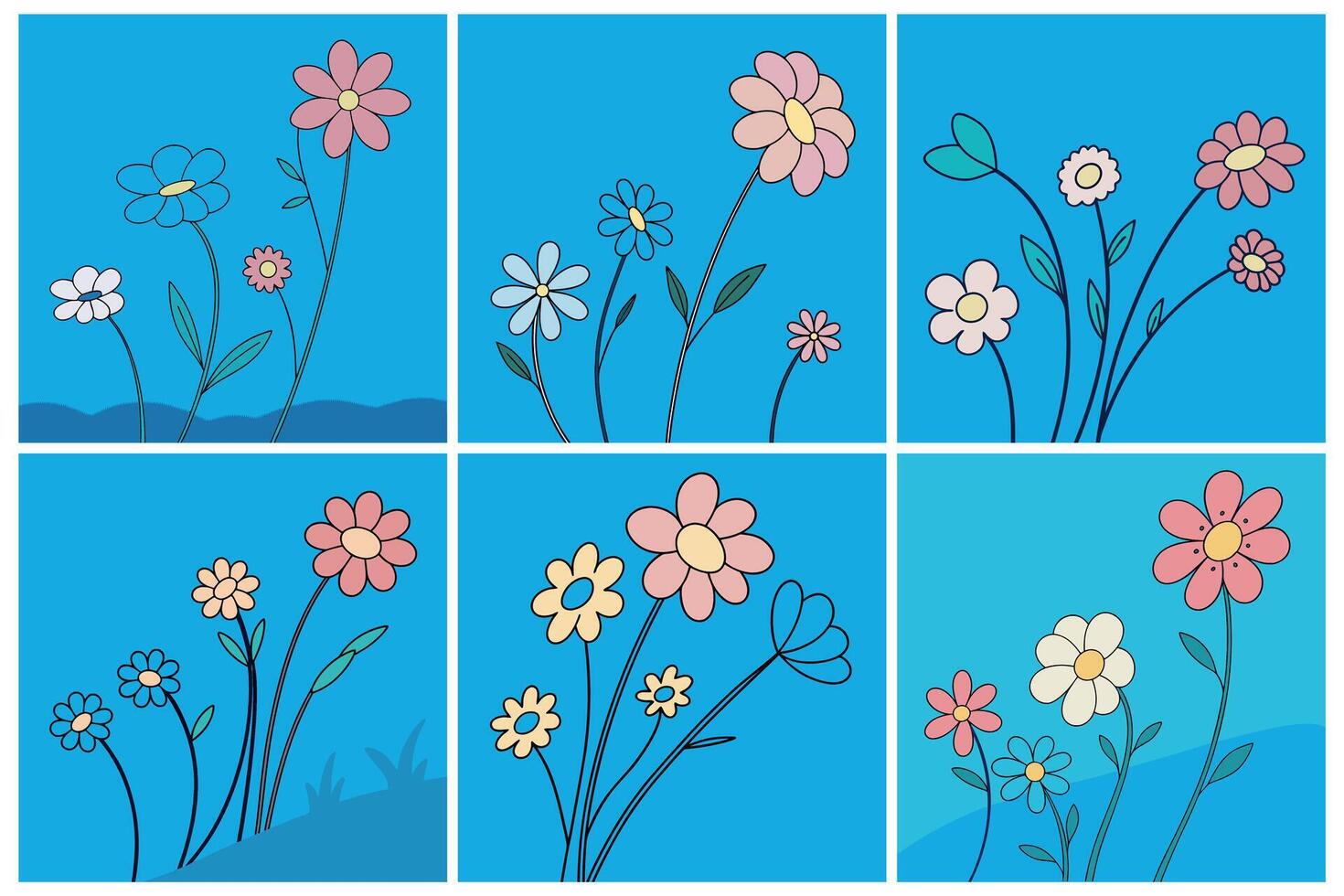 Cartoon flower collection with colorful simple blooms and hand drawn floral details on a bright blue background vector