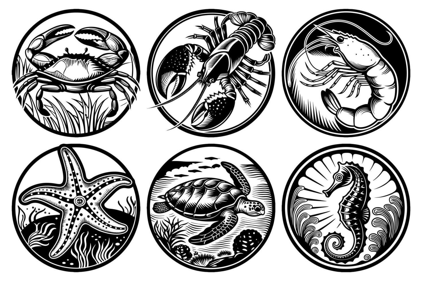 Hand drawn ocean animal illustration set with crab, lobster, shrimp, starfish, turtle and seahorse in retro circular design vector