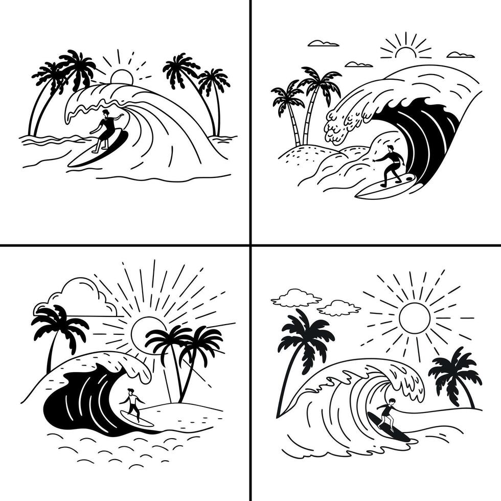 Surfer riding ocean wave under sun with palm trees and beach in tropical line drawing style vector