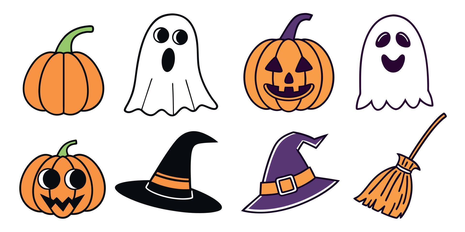 Halloween cartoon illustration of pumpkins, ghosts, witch hats and broom in colorful hand drawn style vector