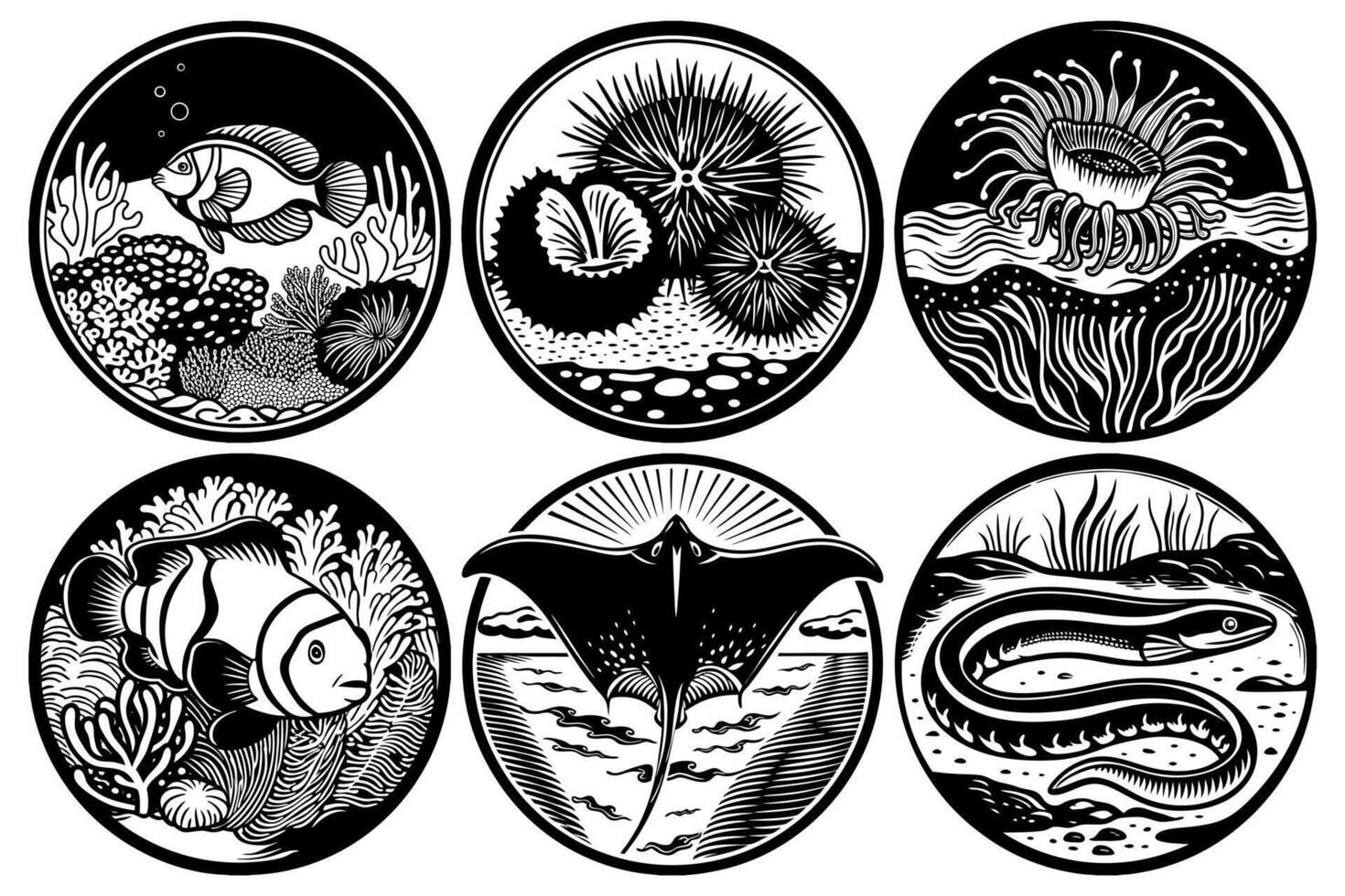 Marine life illustrations with fish, stingray, sea urchin, eel and coral reef in circular black and white style vector