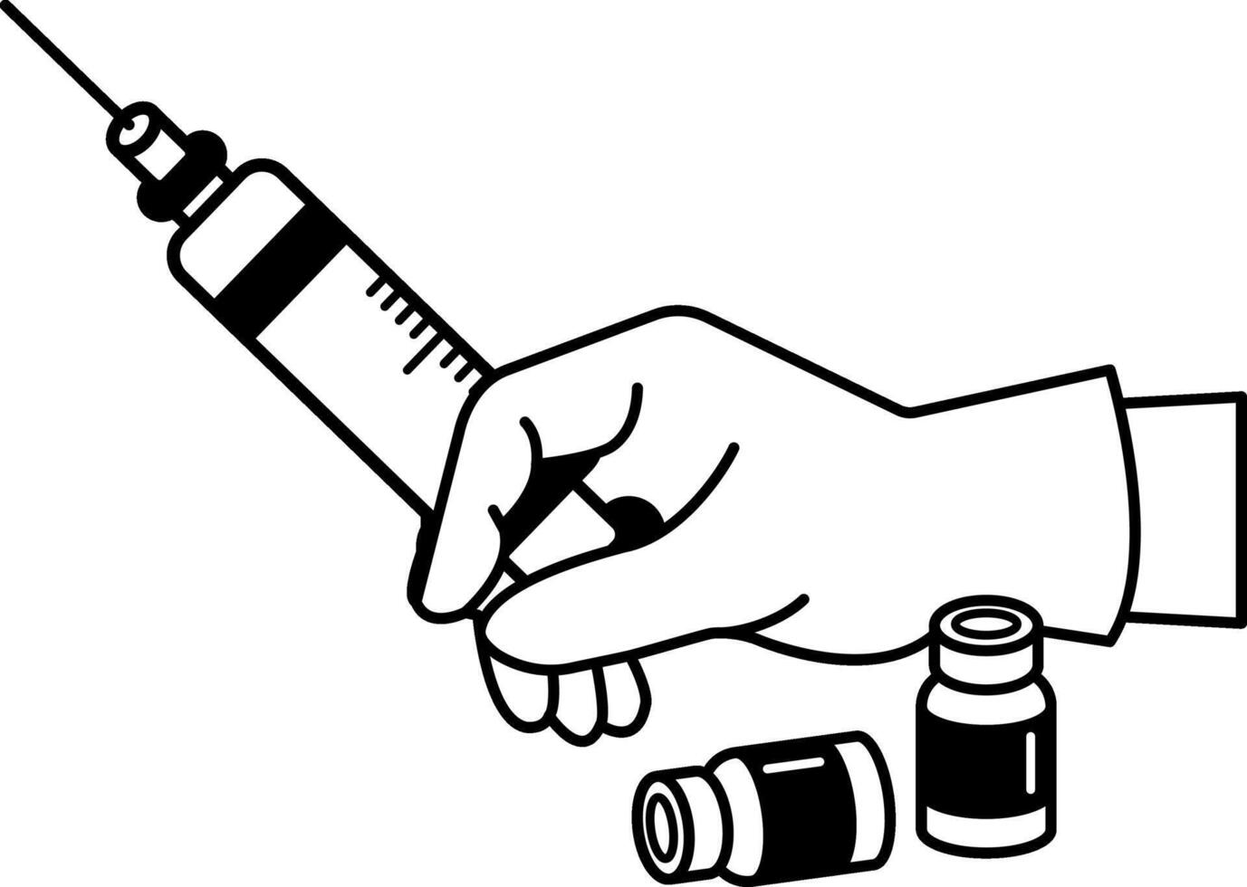 black and white illustration of a hand holding a syringe and two vials of botox vector
