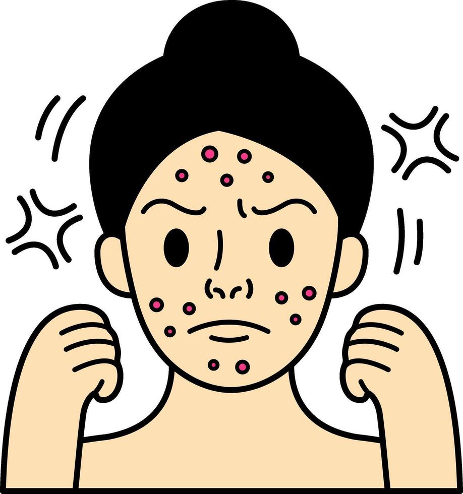 A girl with acne on her face is angry vector