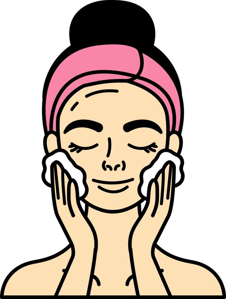 A woman is washing her face with facial cleansing foam vector