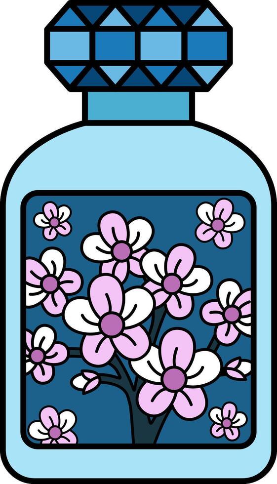 A perfume bottle with a white flower design on it vector