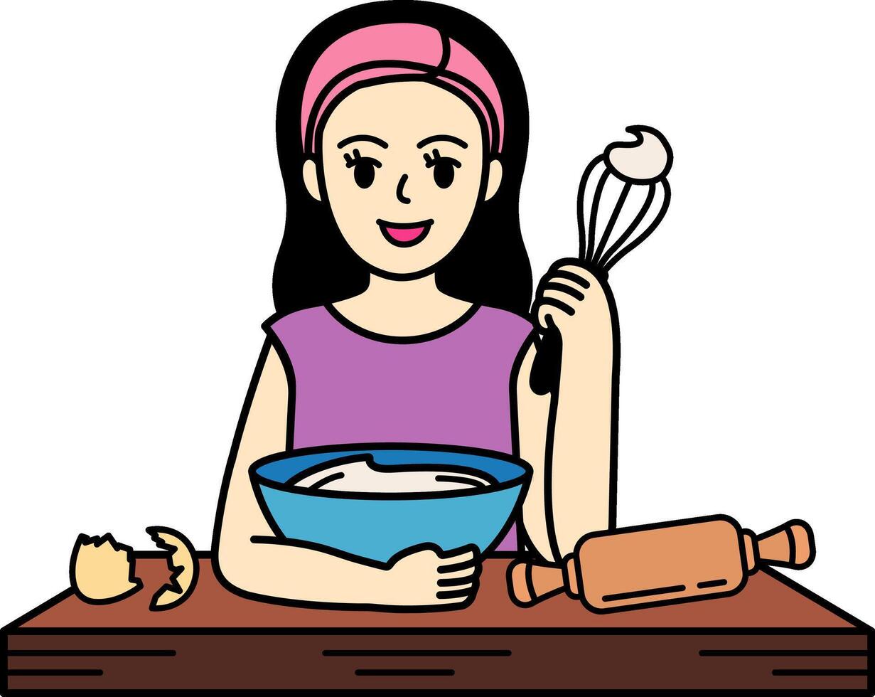 A girl making a cake and smiling vector