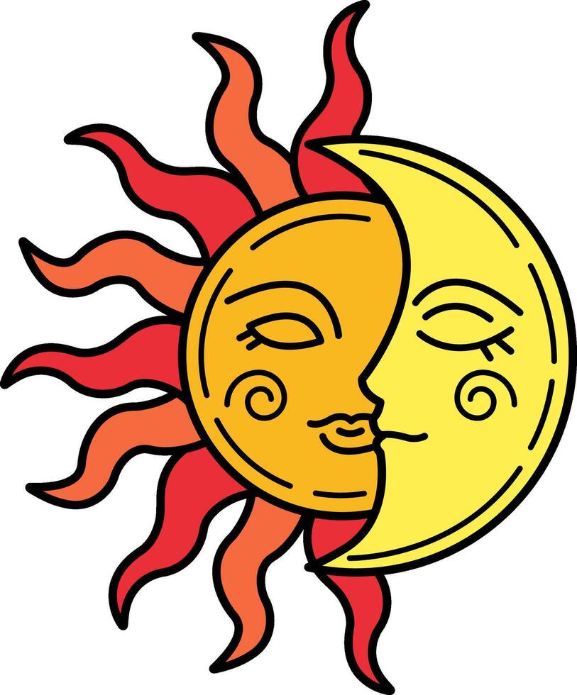 illustration of a sun and moon with a smiling face vector
