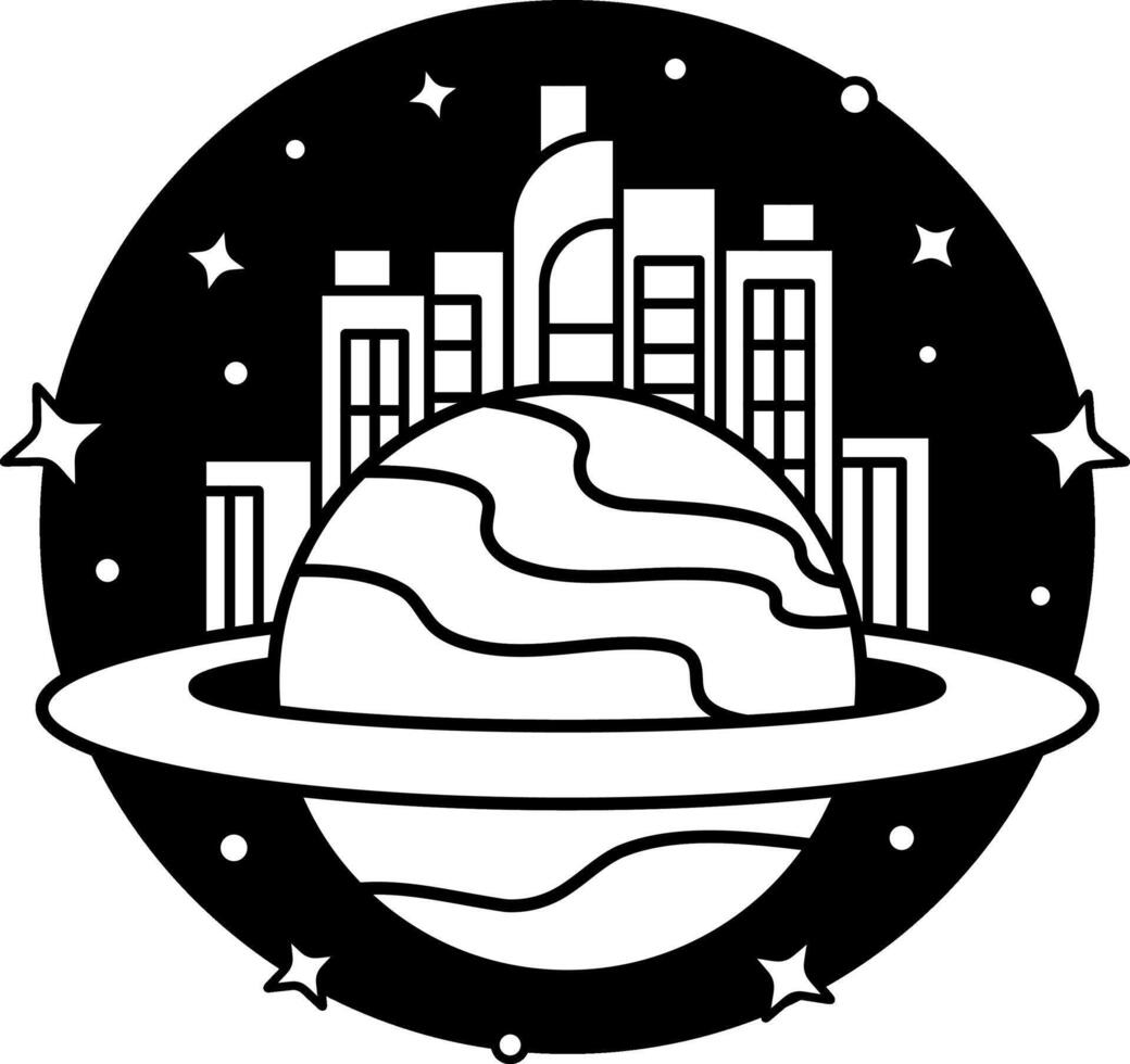 black and white illustration of the city in the planet vector