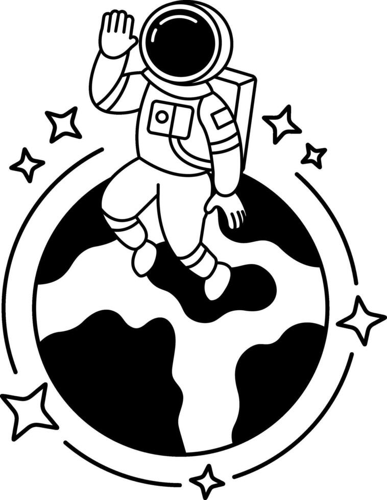 black and white illustration of an astronaut waving over a globe vector
