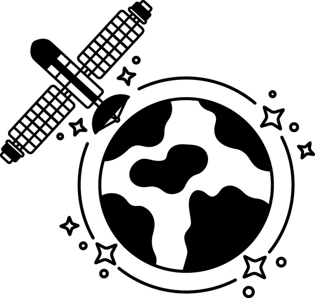 black and white illustration of a satellite is flying over the Earth vector