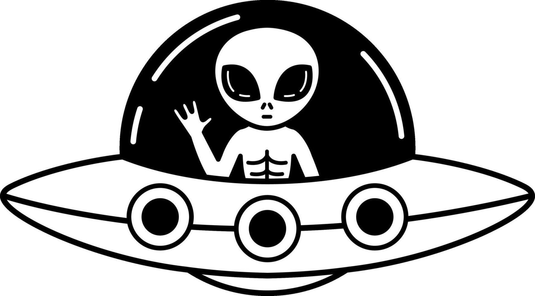 black and white illustration of a green alien is sitting inside a spaceship vector